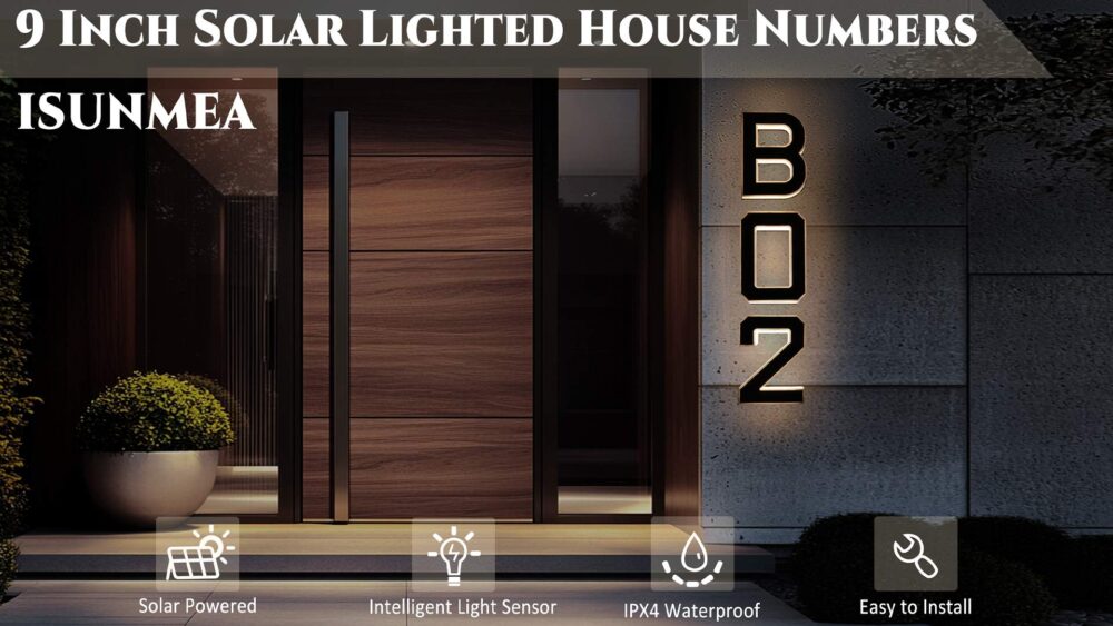ISUNMEA 9 Inch Solar Lighted House Numbers for Outside, Light Up Waterproof LED Address Numbers Signs for Houses, Large Personalized Illuminated Exterior Modern House Numbers Light