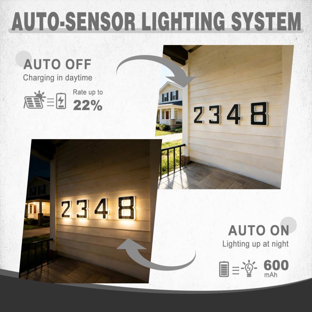 ISUNMEA 6.7 Inch Solar Lighted House Numbers for Outside, Light Up Waterproof LED Address Signs for Houses, Backlit Illuminated Exterior Modern House Numbers Light